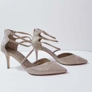 Belle Badgley Mishcka Bridal Shimmer Strappy Gold Heel Back Zip Pointed Toe